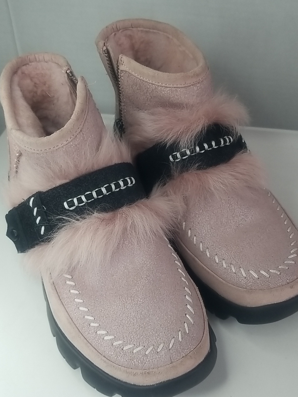 UGG Blush Pink Fur-Trim Ankle Booties with Black Strap
